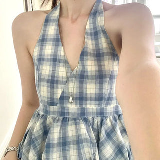 Check Halter Balloon Blouse