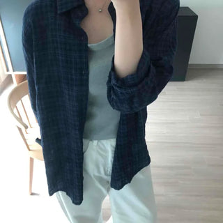 Oversized Check Button-Down Long-Sleeve Shirt