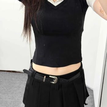 Pintuck Belt Loop Buckle Flare A-Line Mini Skirt