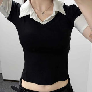 Color-block Layered Slim Fit Daily Short Sleeve T-shirt