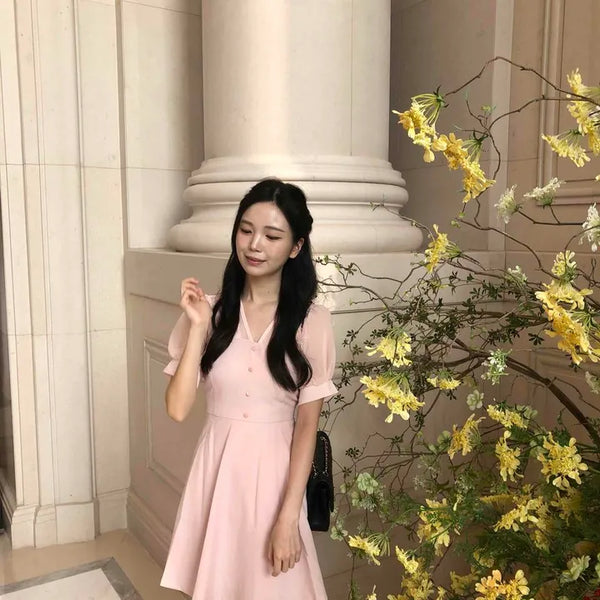 A-line Plain Button Ribbon Short Sleeve Mini Dress