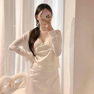 Ribbon Button Down Slim Fit Plain Long Sleeve Cardigan