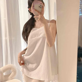 Strap See-through Layered Loose Fit Plain Sleeveless Mini Dress