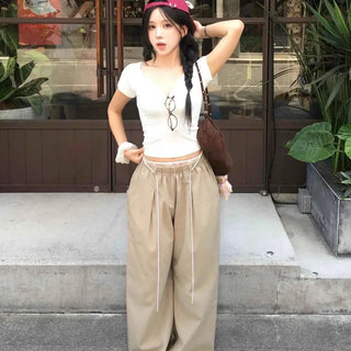Shirred String Wide Loose Fit Daily Long Pants