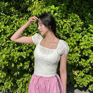 Shirred Feminine Daily Short Sleeve Blouse
