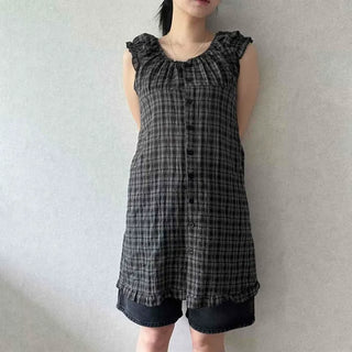 Frill Shirred Check H-Line Sleeveless Mini Dress