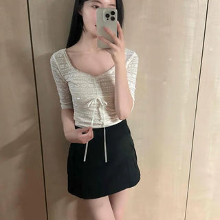 Mock Ribbon Lace Knee-length Slim T-shirt