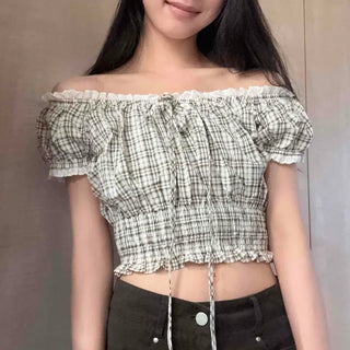 Bring Smoke Frill Check Crop Blouse