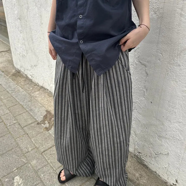 [UNISEX] Linen Stripe Two-Way Elastic Waist Pants