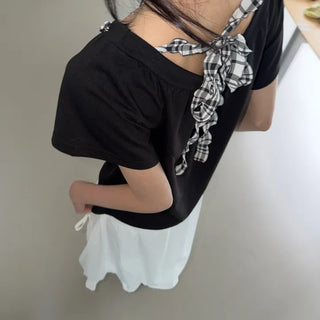 Rib Check Ribbon U-Neck Short Sleeve Loose Fit T-shirt