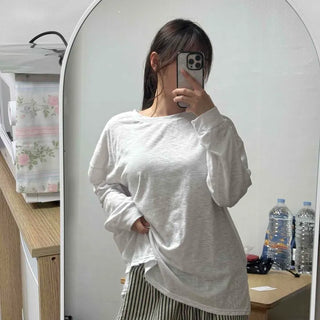 Slub Oversized Plain Long Sleeve T-shirt