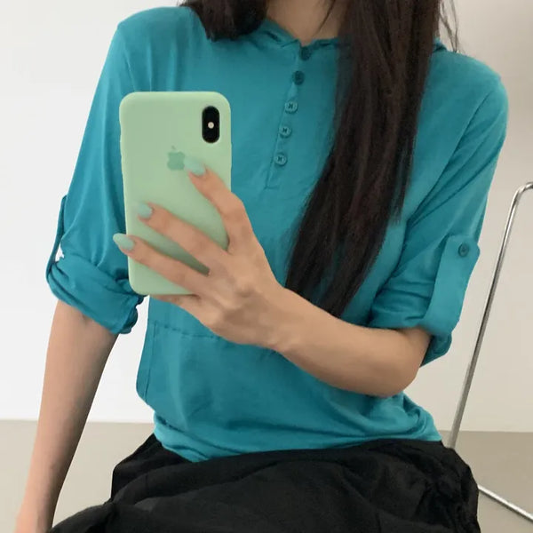 Camille Henley Neck Tencel Roll-up Hoodie Short Sleeve Tee