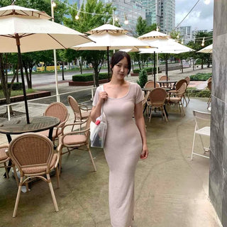 Striped Slit Slim Fit Short Sleeve Long Dress