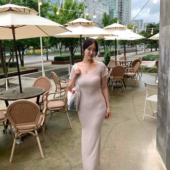 Striped Slit Slim Fit Short Sleeve Long Dress