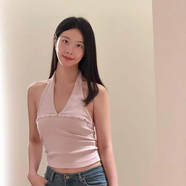 Slim Fit Plain Snap Button Strap Backless Sleeveless