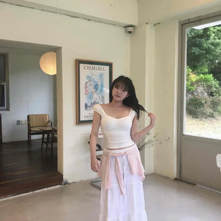 Shirred String Cut-out Tiered Flare Loose Fit Long Skirt