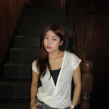 Slim Fit Drape Wrap Cross Cap Sleeve Short T-shirt