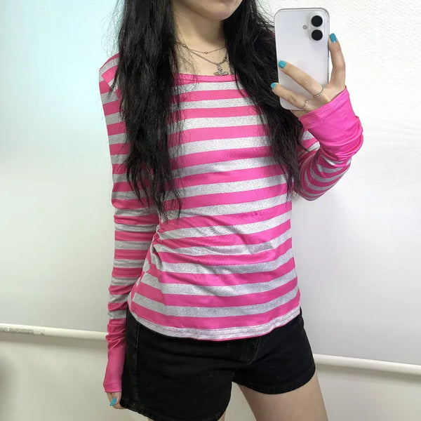 Neon Pink Striped Long Sleeve Tee / Slim Fit Delicate Fit Pink Striped Long Sleeve Tee Layered Look