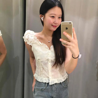 Frill Shirred Flower Print Button-Down Cap Sleeve Blouse