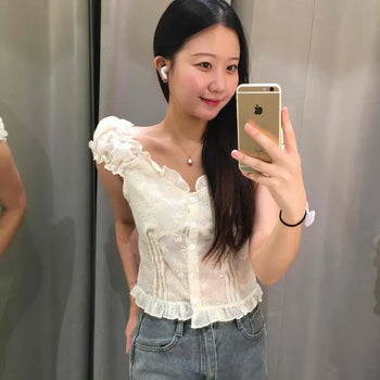 Frill Shirred Flower Print Button-Down Cap Sleeve Blouse