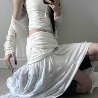Shirred Drape Contrast Slit Flare Loose Fit Midi Skirt