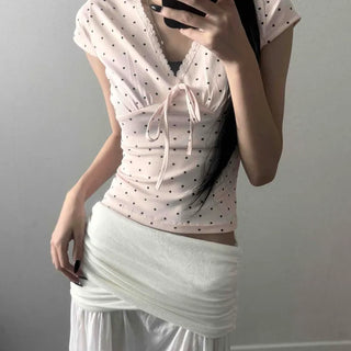 Ribbon String Dot Slim Fit Short Sleeve T-shirt