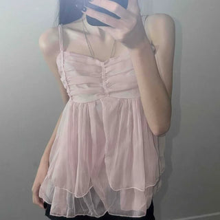 Shirred Frill See-through String Strap Layered Fitted Sleeveless Blouse