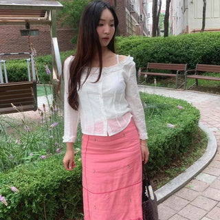 Frill Shirred Button-Down Loose Fit Plain Long Sleeve Blouse