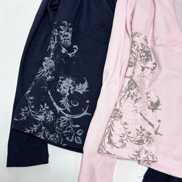 Flower Tattoo Print V-Neck Ribbed Long Sleeve Tee  / Layered Vintage Y2K V-Neck Transitional Ribbed Tee Light Pink Strawberry Milk