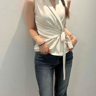 Ribbon Drape Wrap Strap Sleeveless Blouse