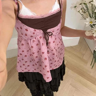 Loose-fit Flower Shirred Ribbon Strap Layered Sleeveless