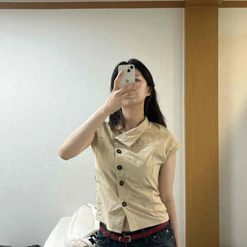 Slim Fit Plain Button Cut Button-Down Cap Sleeve Short-Sleeve T-Shirt