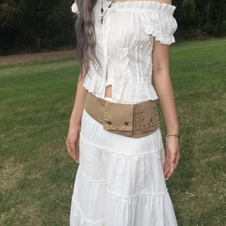 Beige studded pocket snap button belt