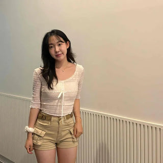 Ribbon Button See-through String Flower Slim Fit 3/4 Sleeve Short Sleeve T-shirt