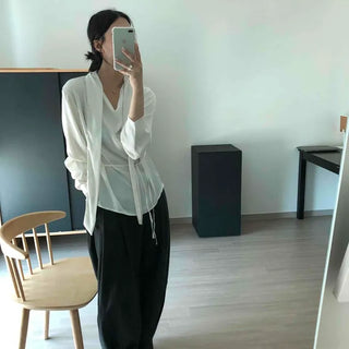 Loose Fit Plain Shirred Drape String Wrap Blouse