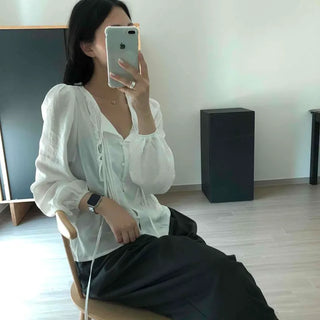 Loose-fit Plain Button Shirred Button-down Long-sleeve Blouse