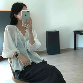 Loose Fit Plain Button See-through Button-Down Long Sleeve Blouse