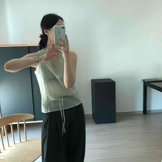 Loose Fit Plain Shirred Ribbon String Sleeveless Blouse