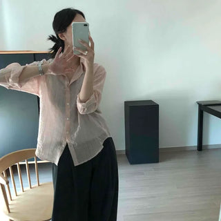 Loose Fit Plain Pintuck Button-Down Long Sleeve Shirt