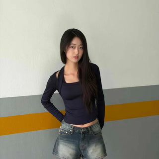 Slim Fit Plain Color Block Ribbon Cross Shoulder Cutout Long Sleeve T-shirt