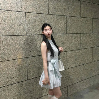 Loose-fit Striped Frill Shirred Ribbon Strap Sleeveless Mini Dress