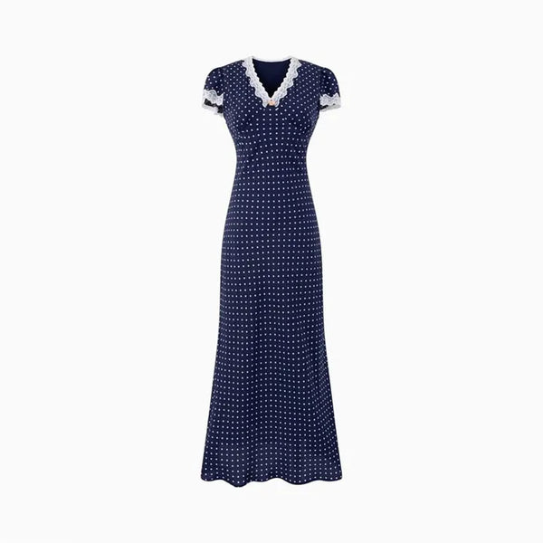 Vintage Lace-Trimmed Polka Dot Maxi Dress
