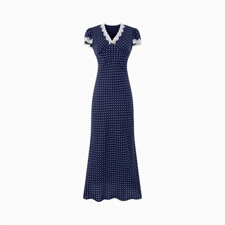 Vintage Lace-Trimmed Polka Dot Maxi Dress