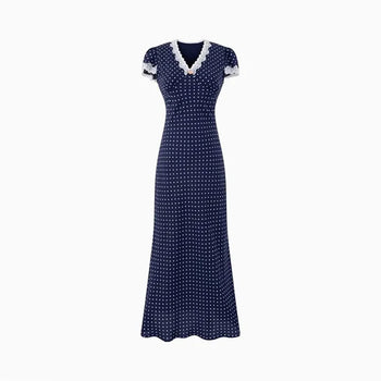 Vintage Lace-Trimmed Polka Dot Maxi Dress