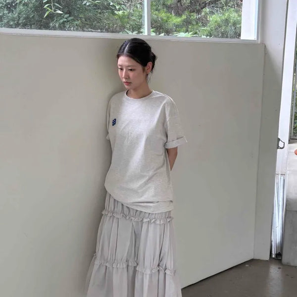 Loose Fit Shirred Frill Ribbon String Tiered Flare Long Skirt