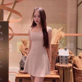 Cutout Plain Flare Cap Sleeve Slim Fit Mini Dress