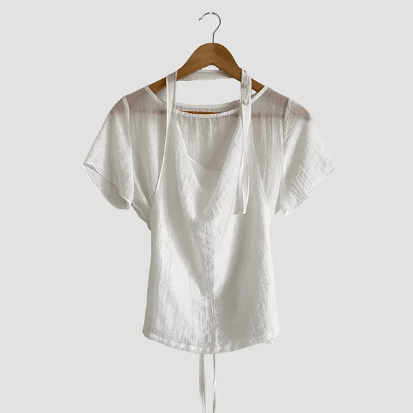Sheer Layered Blouse   Summer Short Sleeve Halterneck Sleeveless Tencel Nylon Top Set
