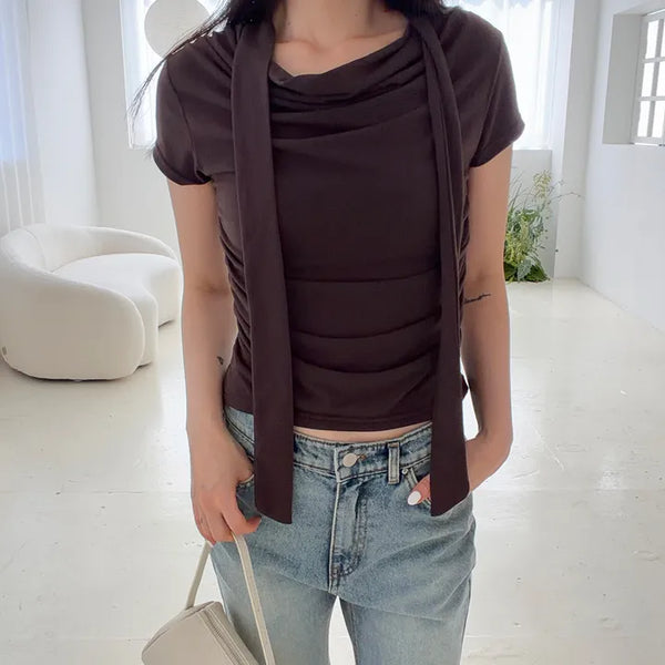 Shirring Tie T-shirt   Feminine Drape Slim Summer Short Sleeve Top
