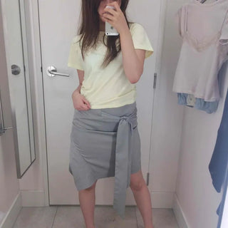 High-waisted Wrap Ribbon Knot Asymmetrical Polyester Midi Skirt