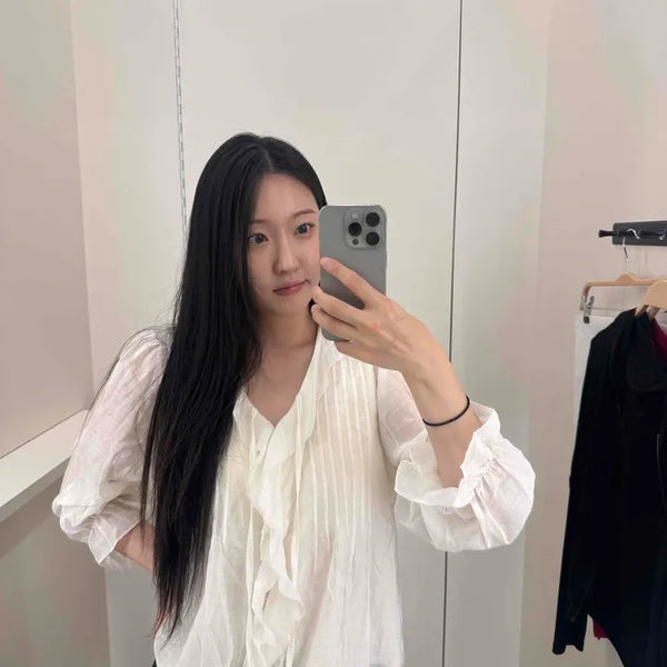 Loose Fit Pintuck Frill Shirred String Button-Down Blouse